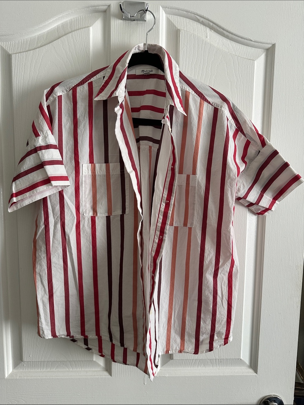 Women's Short-Sleeve Striped Button down Shirt - White with Red & Pink Stripes